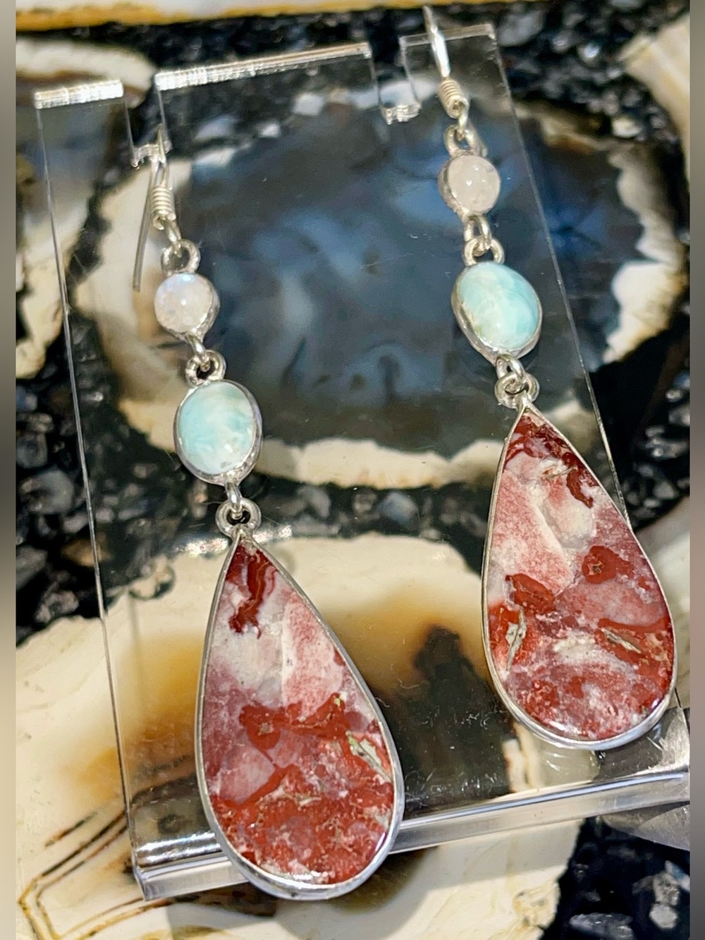 Larimar,Moonstone & Wave Dolostone Dolomite Crystal Earrings 3”